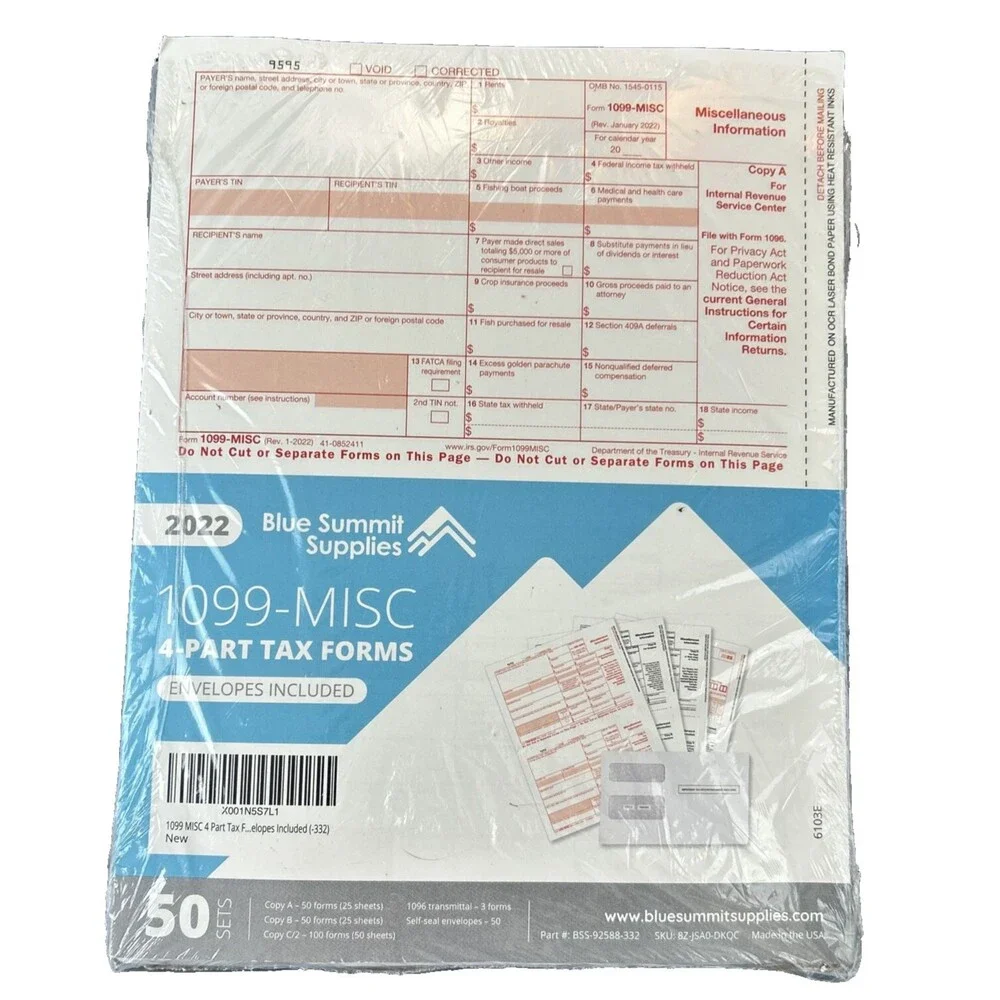 2022 1099-MISC 4 Part Tax Forms 50 Sets Blue Summit Supplies NEW Sealed